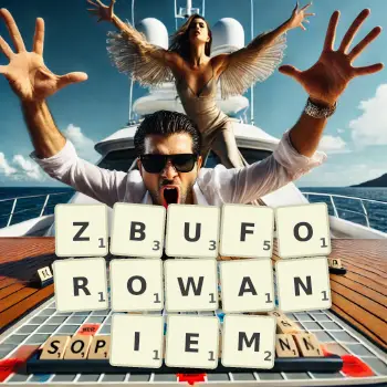 Kreatywna ilustracja do gry w Scrabble ze słowem ZBUFOROWANIEM ułożonym z płytek na planszy.