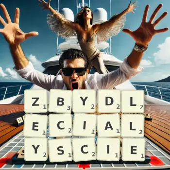 Kreatywna ilustracja do gry w Scrabble ze słowem ZBYDLECIALYSCIE ułożonym z płytek na planszy.