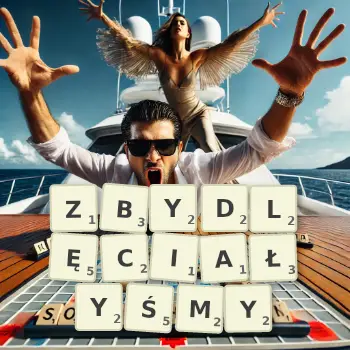 Kreatywna ilustracja do gry w Scrabble ze słowem ZBYDLĘCIAŁYŚMY ułożonym z płytek na planszy.