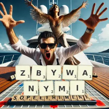 Kreatywna ilustracja do gry w Scrabble ze słowem ZBYWANYMI ułożonym z płytek na planszy.