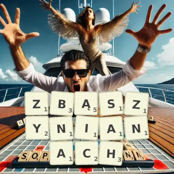 Kreatywna ilustracja do gry w Scrabble ze słowem ZBĄSZYNIANACH ułożonym z płytek na planszy.