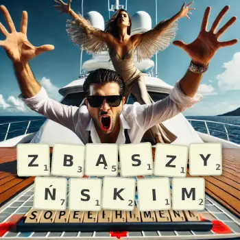 Kreatywna ilustracja do gry w Scrabble ze słowem ZBĄSZYŃSKIM ułożonym z płytek na planszy.