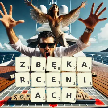 Kreatywna ilustracja do gry w Scrabble ze słowem ZBĘKARCENIACH ułożonym z płytek na planszy.