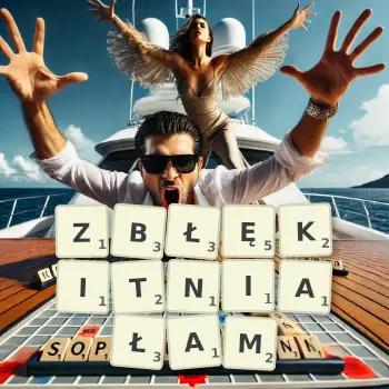 Kreatywna ilustracja do gry w Scrabble ze słowem ZBŁĘKITNIAŁAM ułożonym z płytek na planszy.