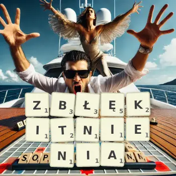 Kreatywna ilustracja do gry w Scrabble ze słowem ZBŁĘKITNIENIA ułożonym z płytek na planszy.