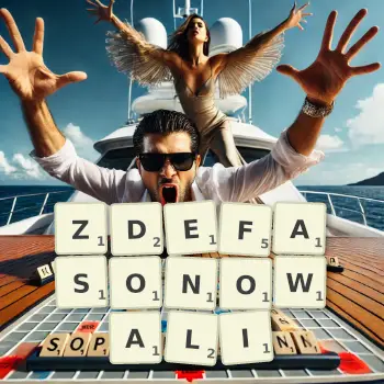 Kreatywna ilustracja do gry w Scrabble ze słowem ZDEFASONOWALI ułożonym z płytek na planszy.