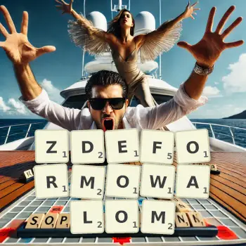 Kreatywna ilustracja do gry w Scrabble ze słowem ZDEFORMOWALOM ułożonym z płytek na planszy.