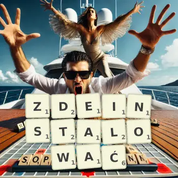 Kreatywna ilustracja do gry w Scrabble ze słowem ZDEINSTALOWAĆ ułożonym z płytek na planszy.