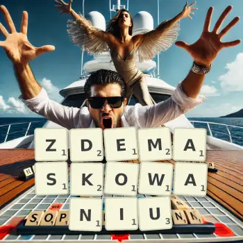 Kreatywna ilustracja do gry w Scrabble ze słowem ZDEMASKOWANIU ułożonym z płytek na planszy.