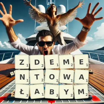 Kreatywna ilustracja do gry w Scrabble ze słowem ZDEMENTOWAŁABYM ułożonym z płytek na planszy.