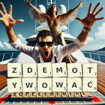 Kreatywna ilustracja do gry w Scrabble ze słowem ZDEMOTYWOWAĆ ułożonym z płytek na planszy.
