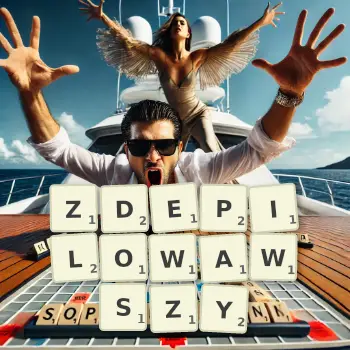 Kreatywna ilustracja do gry w Scrabble ze słowem ZDEPILOWAWSZY ułożonym z płytek na planszy.