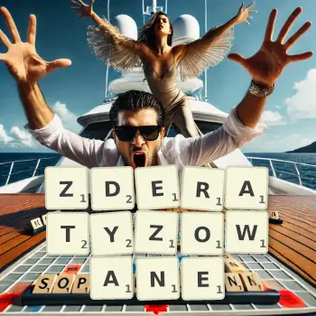 Kreatywna ilustracja do gry w Scrabble ze słowem ZDERATYZOWANE ułożonym z płytek na planszy.