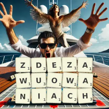Kreatywna ilustracja do gry w Scrabble ze słowem ZDEZAWUOWANIACH ułożonym z płytek na planszy.