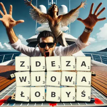 Kreatywna ilustracja do gry w Scrabble ze słowem ZDEZAWUOWAŁOBYŚ ułożonym z płytek na planszy.