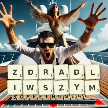 Kreatywna ilustracja do gry w Scrabble ze słowem ZDRADLIWSZYM ułożonym z płytek na planszy.