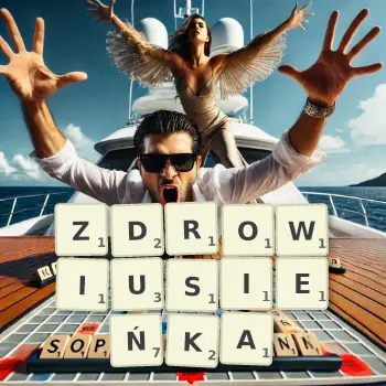 Kreatywna ilustracja do gry w Scrabble ze słowem ZDROWIUSIEŃKA ułożonym z płytek na planszy.