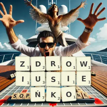Kreatywna ilustracja do gry w Scrabble ze słowem ZDROWIUSIEŃKO ułożonym z płytek na planszy.