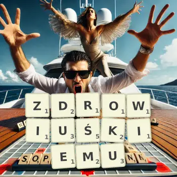 Kreatywna ilustracja do gry w Scrabble ze słowem ZDROWIUŚKIEMU ułożonym z płytek na planszy.