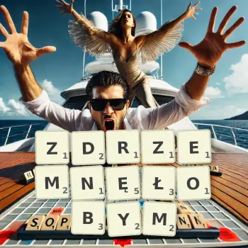 Kreatywna ilustracja do gry w Scrabble ze słowem ZDRZEMNĘŁOBYM ułożonym z płytek na planszy.