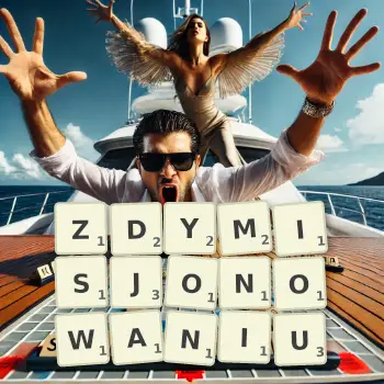 Kreatywna ilustracja do gry w Scrabble ze słowem ZDYMISJONOWANIU ułożonym z płytek na planszy.