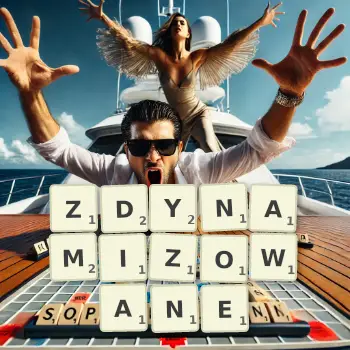 Kreatywna ilustracja do gry w Scrabble ze słowem ZDYNAMIZOWANE ułożonym z płytek na planszy.
