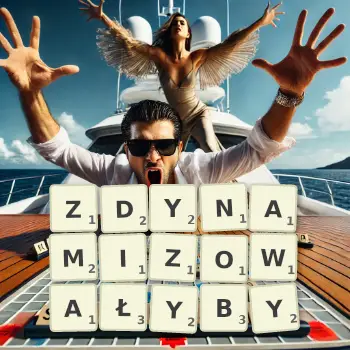 Kreatywna ilustracja do gry w Scrabble ze słowem ZDYNAMIZOWAŁYBY ułożonym z płytek na planszy.