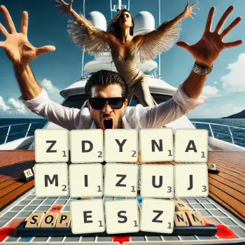 Kreatywna ilustracja do gry w Scrabble ze słowem ZDYNAMIZUJESZ ułożonym z płytek na planszy.