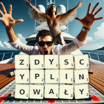 Kreatywna ilustracja do gry w Scrabble ze słowem ZDYSCYPLINOWAŁY ułożonym z płytek na planszy.