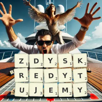Kreatywna ilustracja do gry w Scrabble ze słowem ZDYSKREDYTUJEMY ułożonym z płytek na planszy.