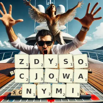 Kreatywna ilustracja do gry w Scrabble ze słowem ZDYSOCJOWANYMI ułożonym z płytek na planszy.