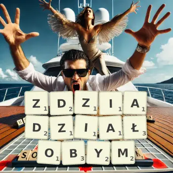 Kreatywna ilustracja do gry w Scrabble ze słowem ZDZIADZIAŁOBYM ułożonym z płytek na planszy.