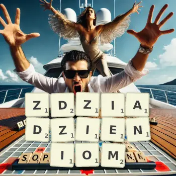 Kreatywna ilustracja do gry w Scrabble ze słowem ZDZIADZIENIOM ułożonym z płytek na planszy.