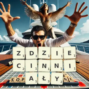 Kreatywna ilustracja do gry w Scrabble ze słowem ZDZIECINNIAŁY ułożonym z płytek na planszy.