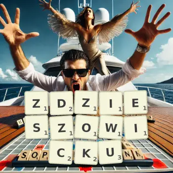 Kreatywna ilustracja do gry w Scrabble ze słowem ZDZIESZOWICKU ułożonym z płytek na planszy.