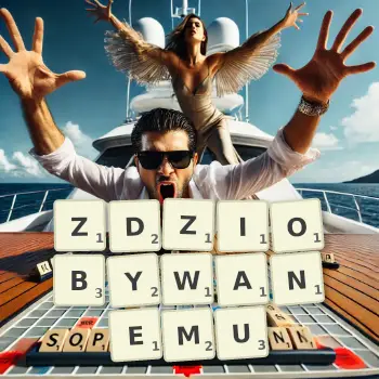 Kreatywna ilustracja do gry w Scrabble ze słowem ZDZIOBYWANEMU ułożonym z płytek na planszy.