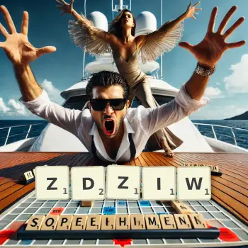 Kreatywna ilustracja do gry w Scrabble ze słowem ZDZIW ułożonym z płytek na planszy.