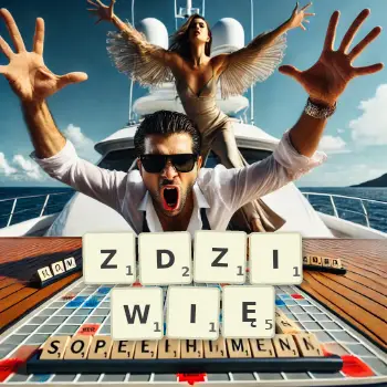 Kreatywna ilustracja do gry w Scrabble ze słowem ZDZIWIĘ ułożonym z płytek na planszy.