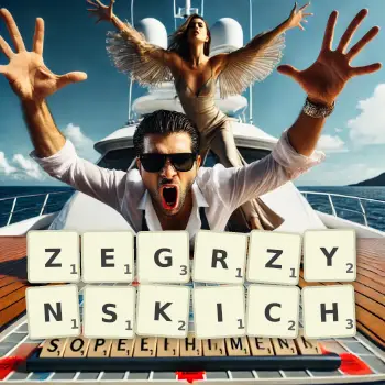 Kreatywna ilustracja do gry w Scrabble ze słowem ZEGRZYNSKICH ułożonym z płytek na planszy.