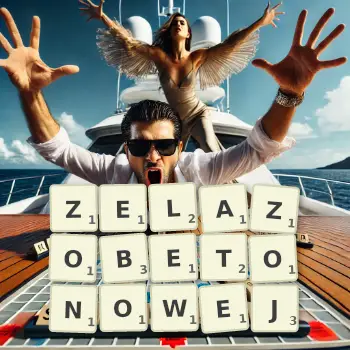 Kreatywna ilustracja do gry w Scrabble ze słowem ZELAZOBETONOWEJ ułożonym z płytek na planszy.