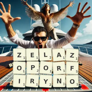 Kreatywna ilustracja do gry w Scrabble ze słowem ZELAZOPORFIRYNO ułożonym z płytek na planszy.