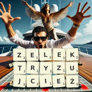 Kreatywna ilustracja do gry w Scrabble ze słowem ZELEKTRYZUJCIEŻ ułożonym z płytek na planszy.