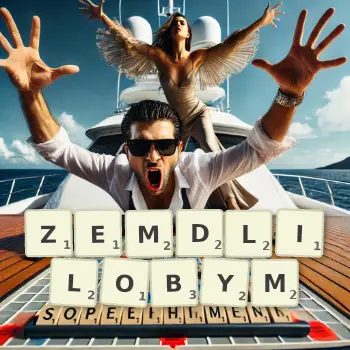 Kreatywna ilustracja do gry w Scrabble ze słowem ZEMDLILOBYM ułożonym z płytek na planszy.