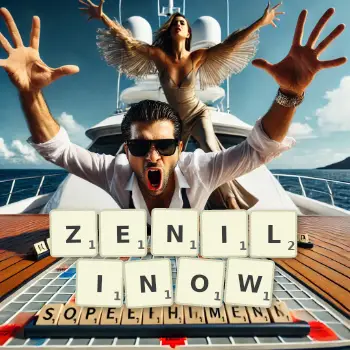 Kreatywna ilustracja do gry w Scrabble ze słowem ZENILINOW ułożonym z płytek na planszy.