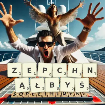 Kreatywna ilustracja do gry w Scrabble ze słowem ZEPCHNĄŁBYŚ ułożonym z płytek na planszy.