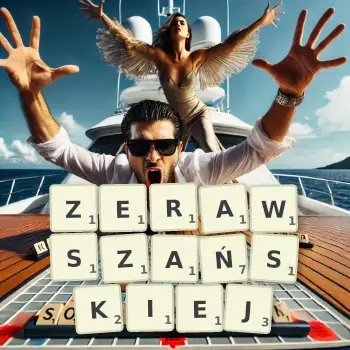 Kreatywna ilustracja do gry w Scrabble ze słowem ZERAWSZAŃSKIEJ ułożonym z płytek na planszy.