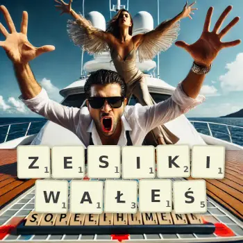 Kreatywna ilustracja do gry w Scrabble ze słowem ZESIKIWAŁEŚ ułożonym z płytek na planszy.