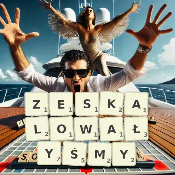 Kreatywna ilustracja do gry w Scrabble ze słowem ZESKALOWAŁYŚMY ułożonym z płytek na planszy.