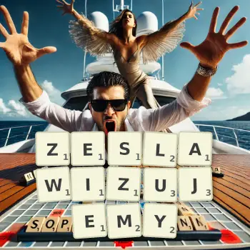 Kreatywna ilustracja do gry w Scrabble ze słowem ZESLAWIZUJEMY ułożonym z płytek na planszy.