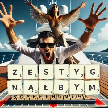 Kreatywna ilustracja do gry w Scrabble ze słowem ZESTYGNĄŁBYM ułożonym z płytek na planszy.
